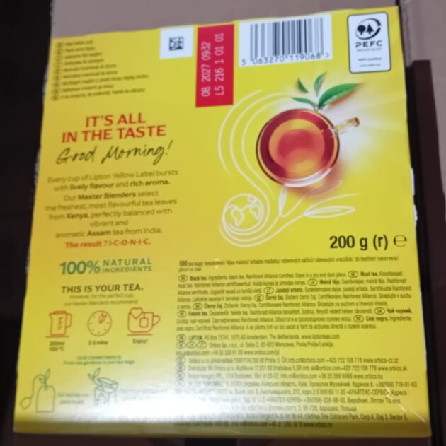 Lipton Yellow Label 100 bags 200g back